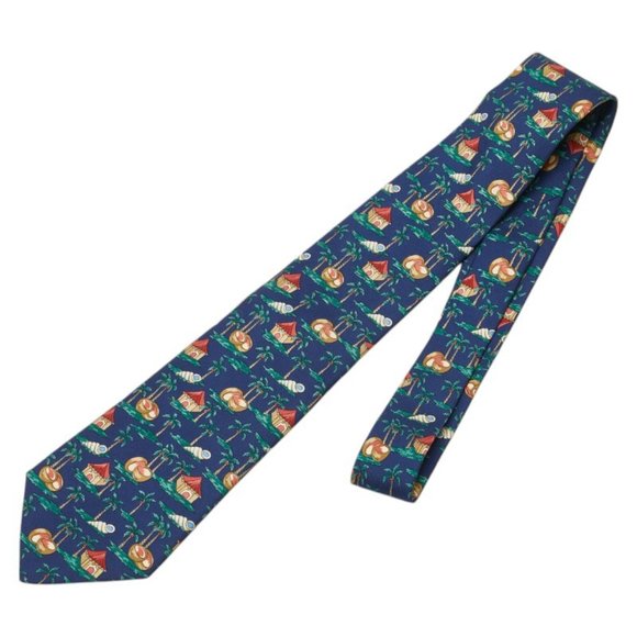 Hermes Palm Tree Coconut Tie, Navy, Green, Multicolor, Silk, Men's - Picture 1 of 4